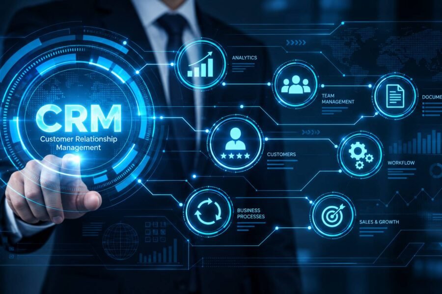 CRM interface connecting customer records, analytics, team management, documents, workflows and sales growth.
