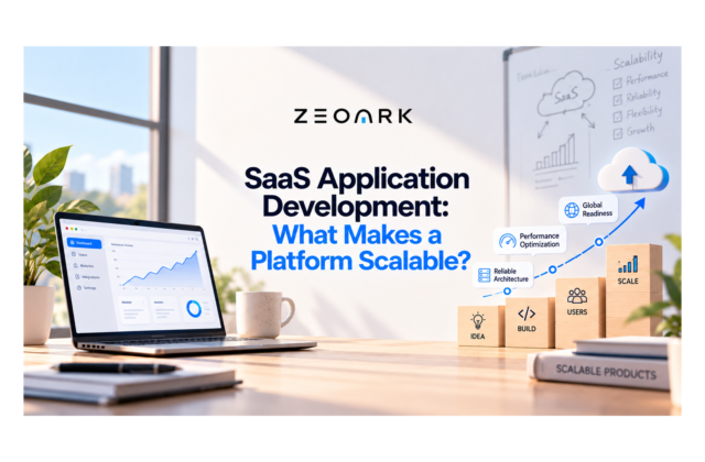 SaaS growth workspace with a dashboard, cloud and building blocks illustrating reliable architecture, performance and scalability.