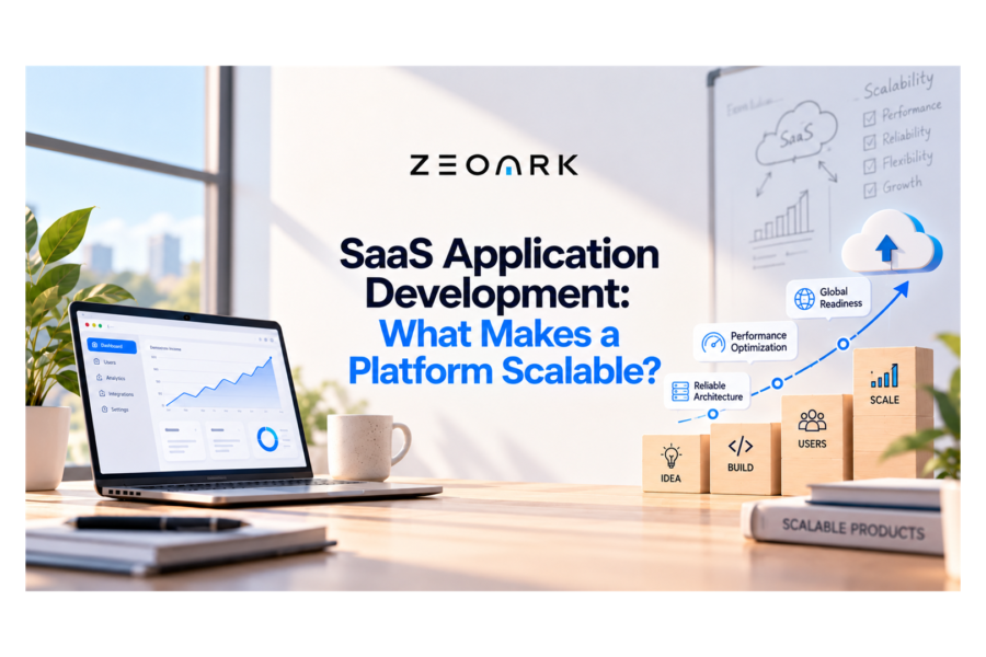 SaaS growth workspace with a dashboard, cloud and building blocks illustrating reliable architecture, performance and scalability.