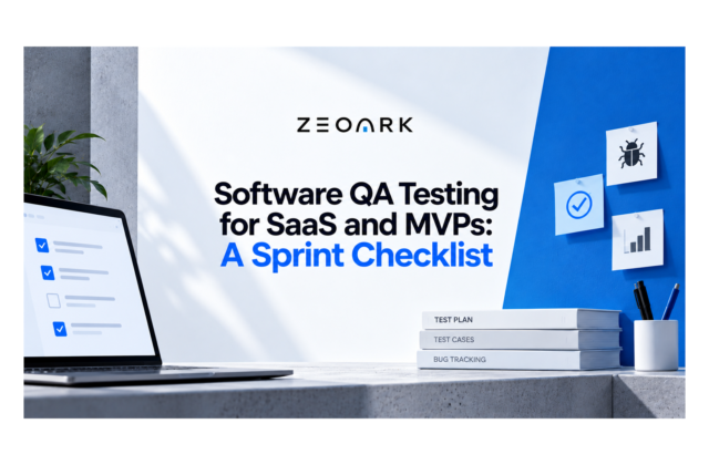 Software QA sprint checklist with a laptop, bug and checkmark notes, and test plan, test case and bug tracking books.