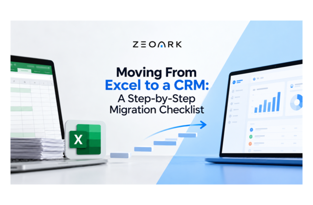 Excel spreadsheet and CRM dashboard connected by an arrow, illustrating a step-by-step customer data migration.