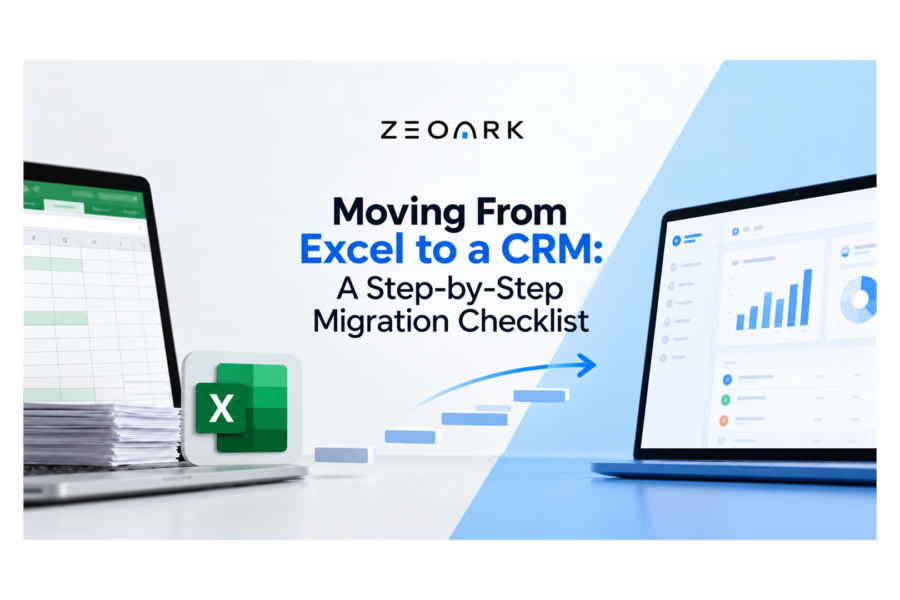 Excel spreadsheet and CRM dashboard connected by an arrow, illustrating a step-by-step customer data migration.