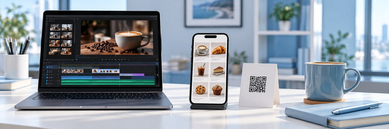 Video editing laptop, product catalog on a phone and a QR display on a light-blue workspace.